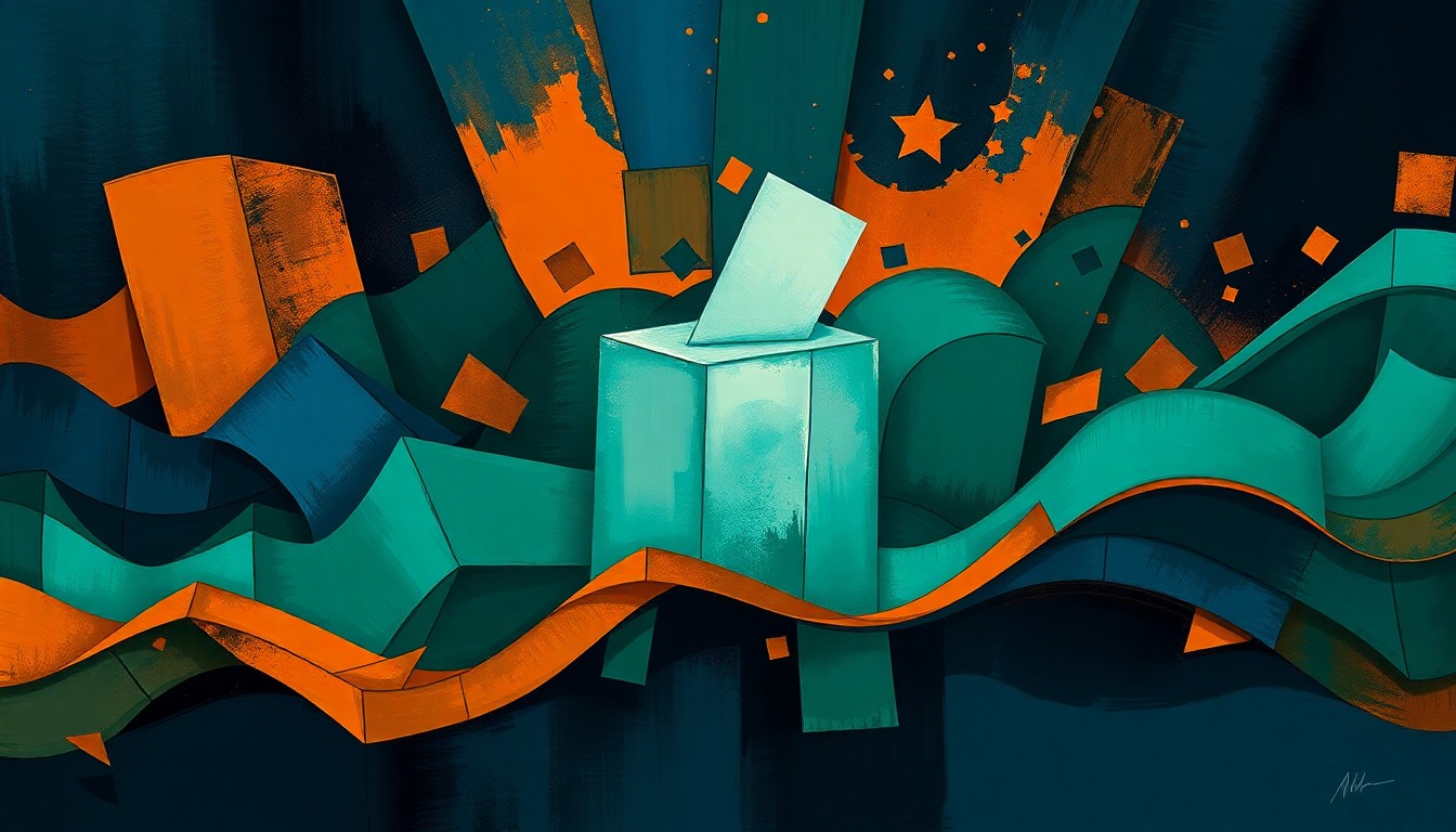 An abstract, fragmented painting featuring overlapping geometric shapes and brushstrokes in shades of blue, green, and orange, conceptually representing the turbulent political climate surrounding a recall effort.