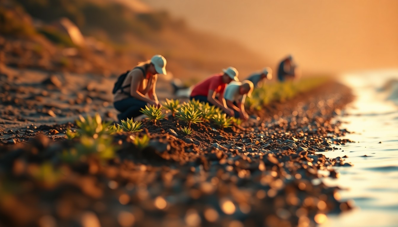 A softly blurred, impressionistic scene of volunteers planting native coastal plants along a shoreline, with warm pools of light and color creating an atmospheric, dreamlike quality.