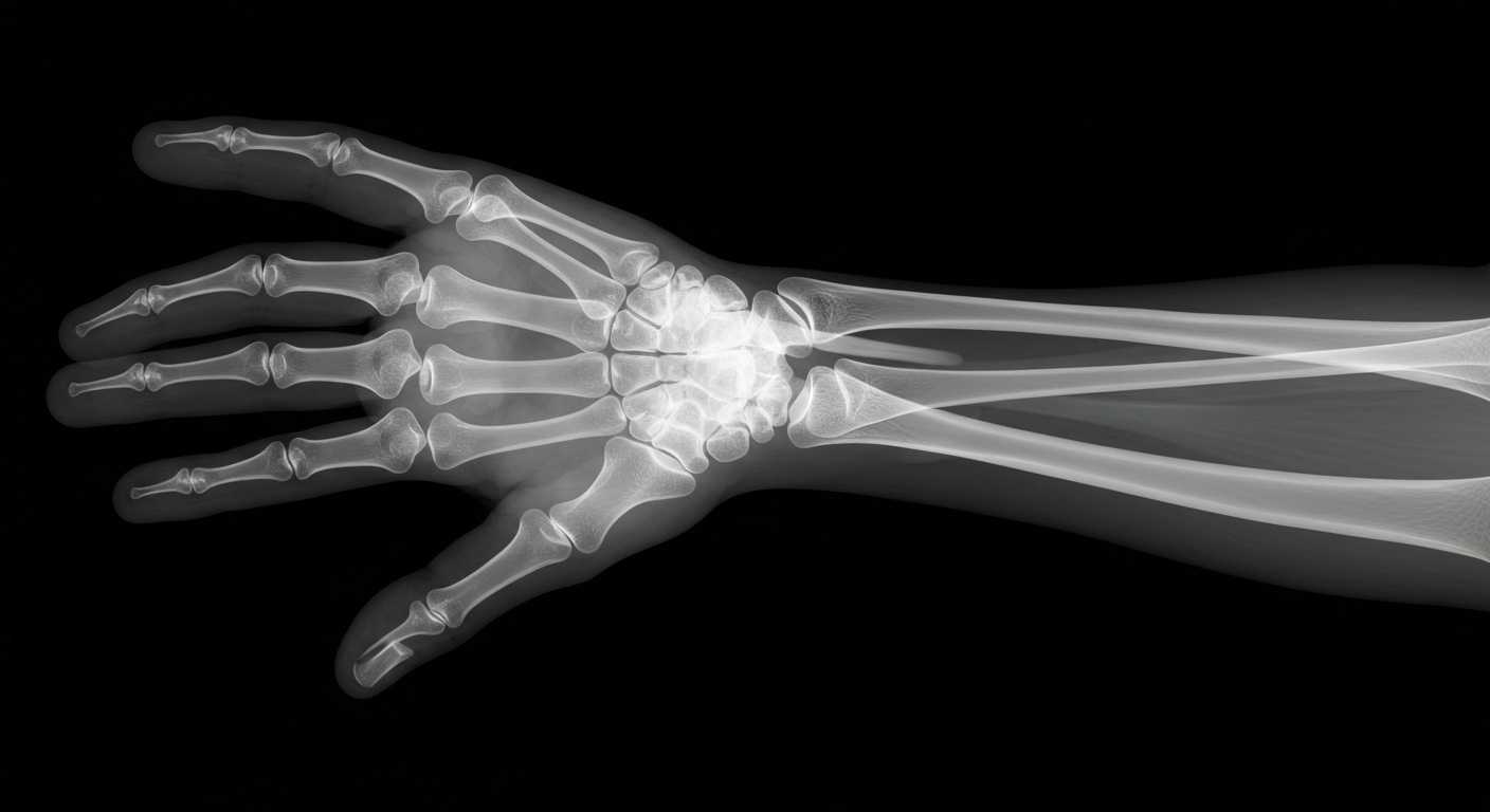 An extreme close-up X-ray photograph of a human hand and forearm, showing the delicate bone and muscle structures in ghostly, glowing lines against a dark background, conceptually representing the personalized, compassionate in-home healthcare services provided by Signature Healthcare at Home.
