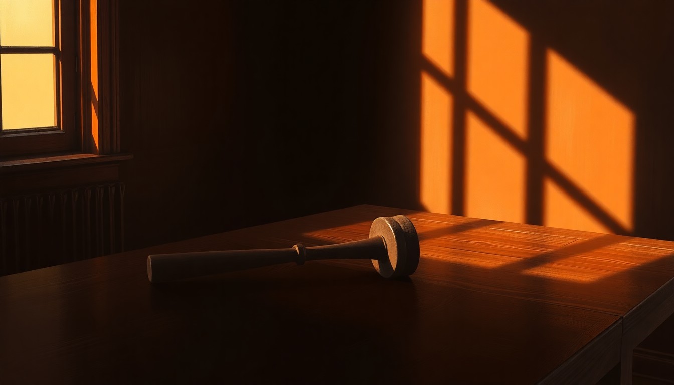 A serene, realistic painting of a lone gavel resting on a wooden table, with warm light and deep shadows creating a contemplative, cinematic mood.