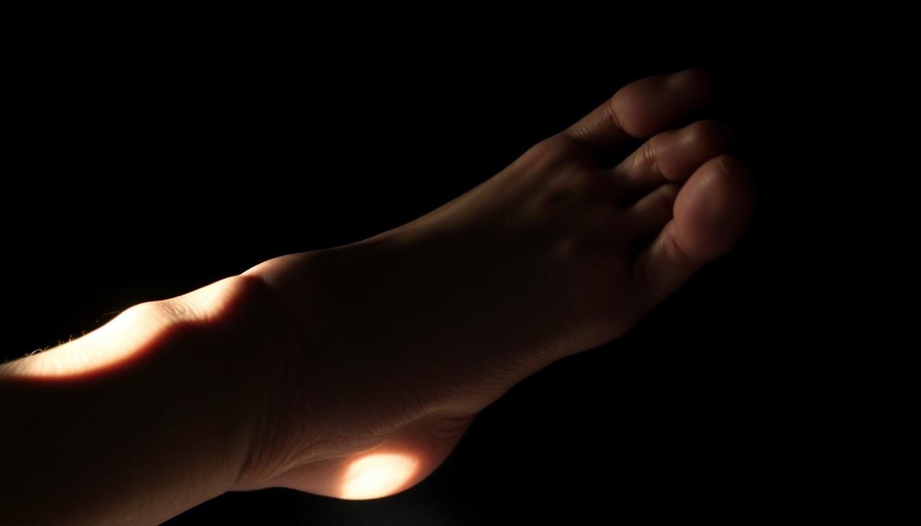 An extreme close-up of a dismembered human foot, the skin and bone texture visible under harsh flash lighting against a dark background, conceptually representing the disturbing evidence of the Gilgo Beach serial murders.