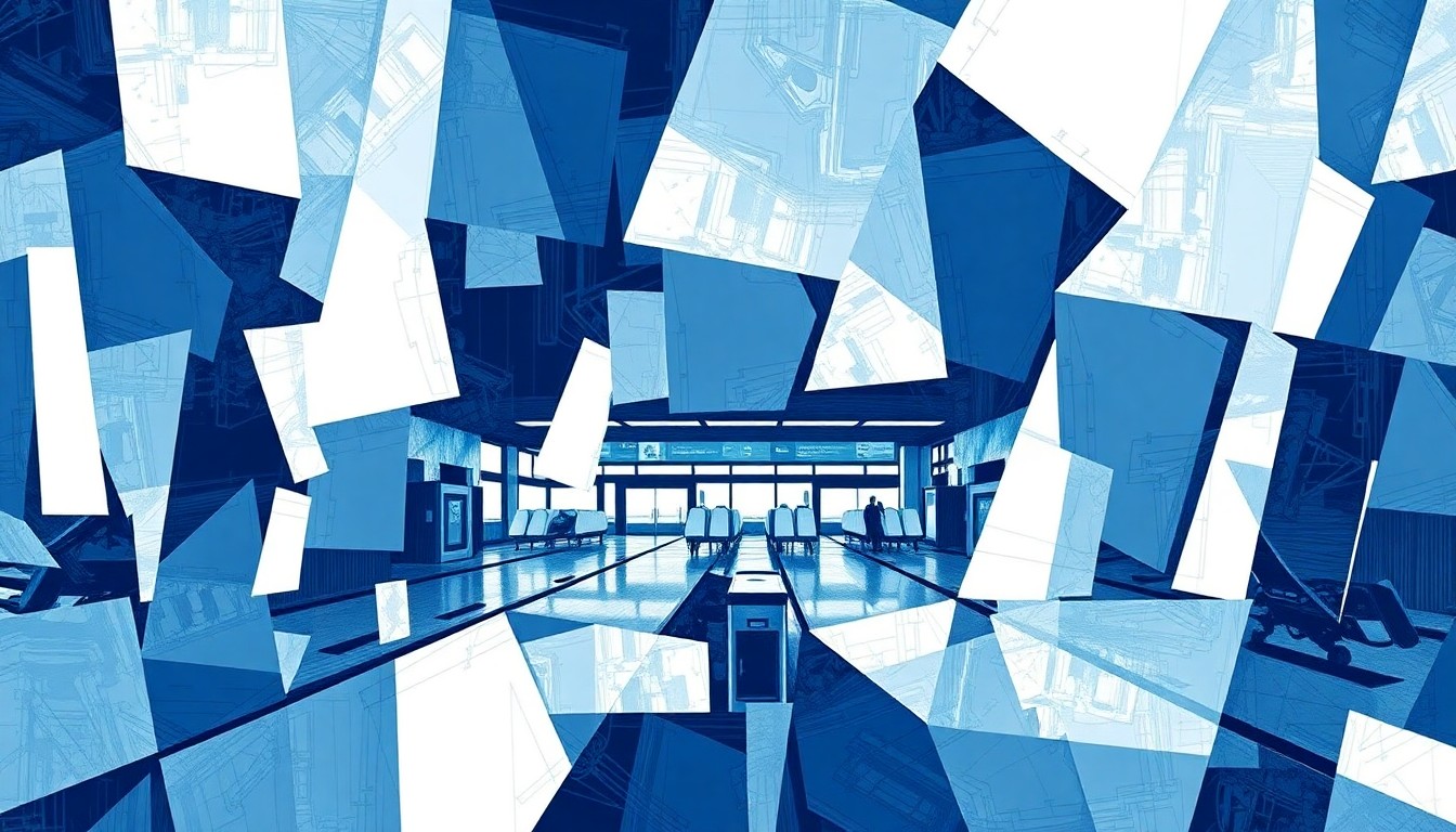 A fractured, abstract painting depicting an airport terminal with overlapping geometric shapes and lines in shades of blue, gray, and white, conveying a sense of motion and disruption.