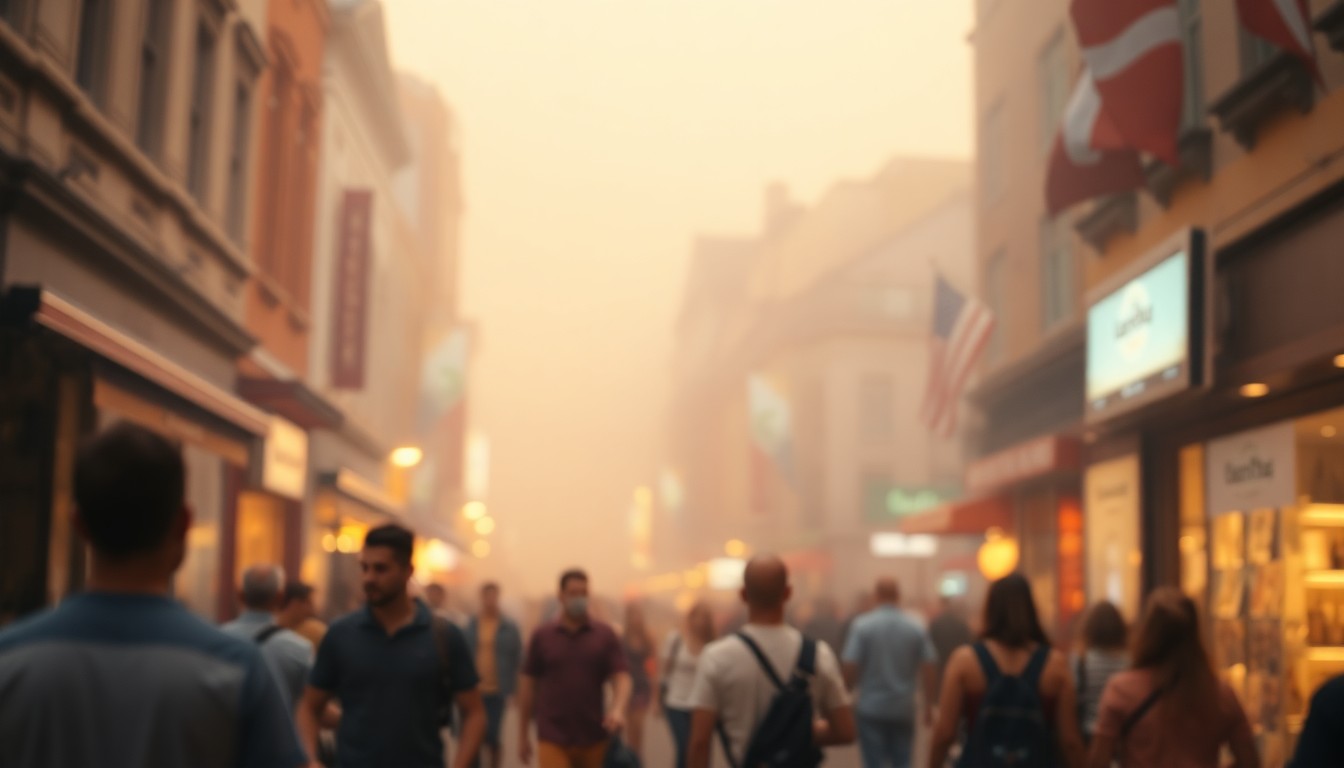 An abstract, impressionistic scene of people walking through a blurred urban landscape, with warm, glowing colors and soft, hazy lighting creating a sense of energy and community.