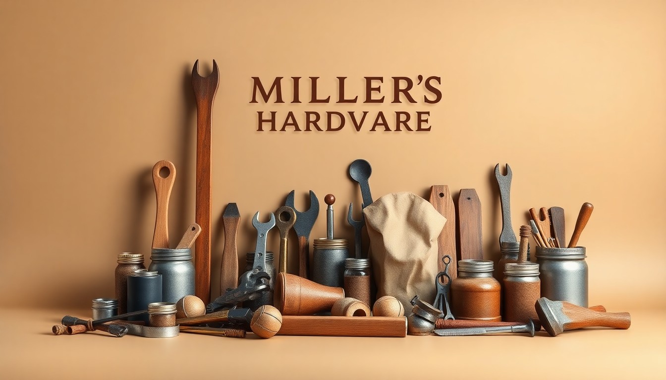 A high-end, photorealistic studio still-life photograph featuring a collection of classic hardware store tools and supplies arranged elegantly on a clean, monochromatic seamless background, conceptually representing the legacy and craftsmanship of the closing Miller's Hardware store.