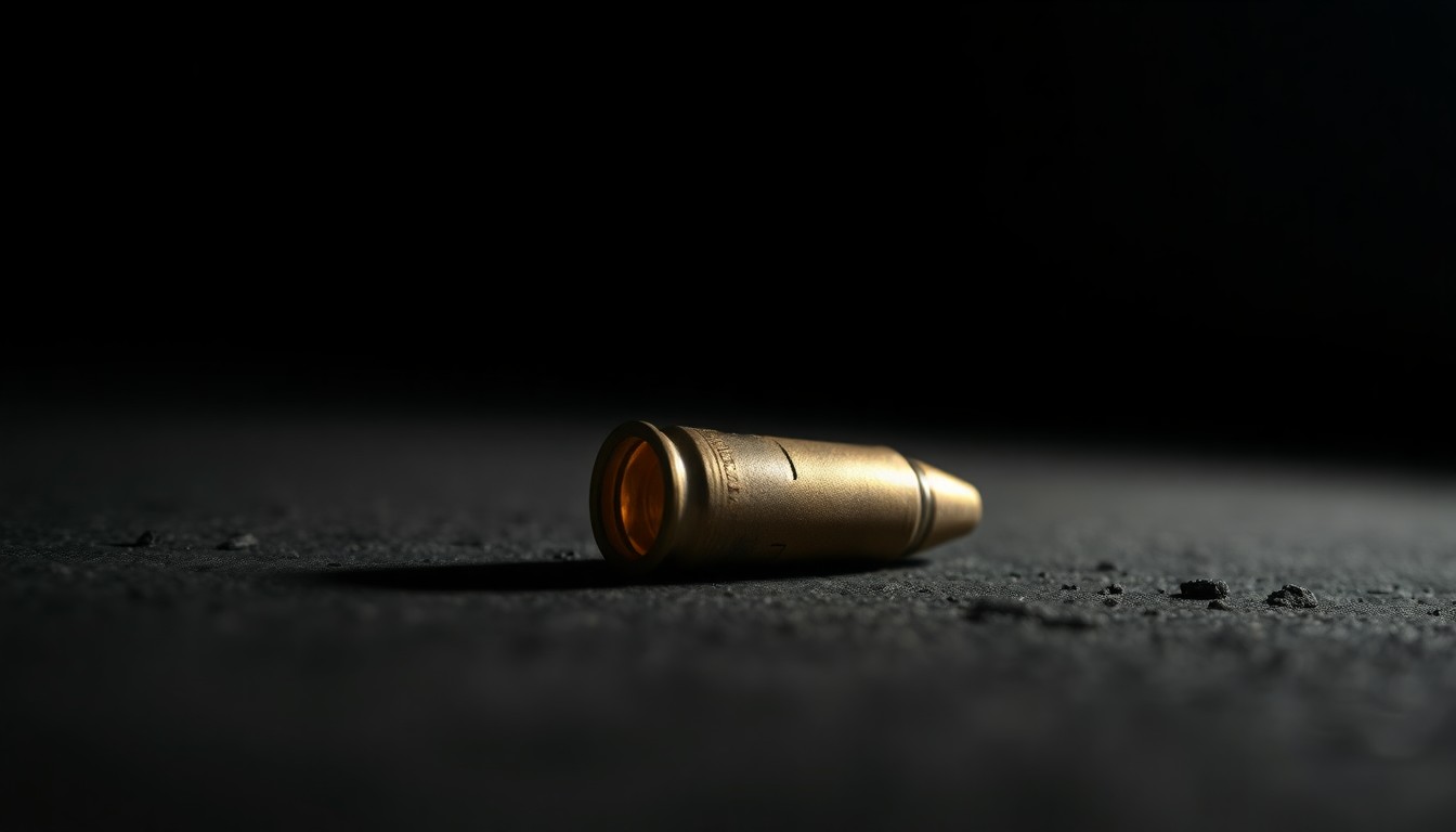 An extreme close-up photograph of a single spent shell casing on a dark concrete surface, reflecting a harsh camera flash and creating a stark, gritty, investigative aesthetic.