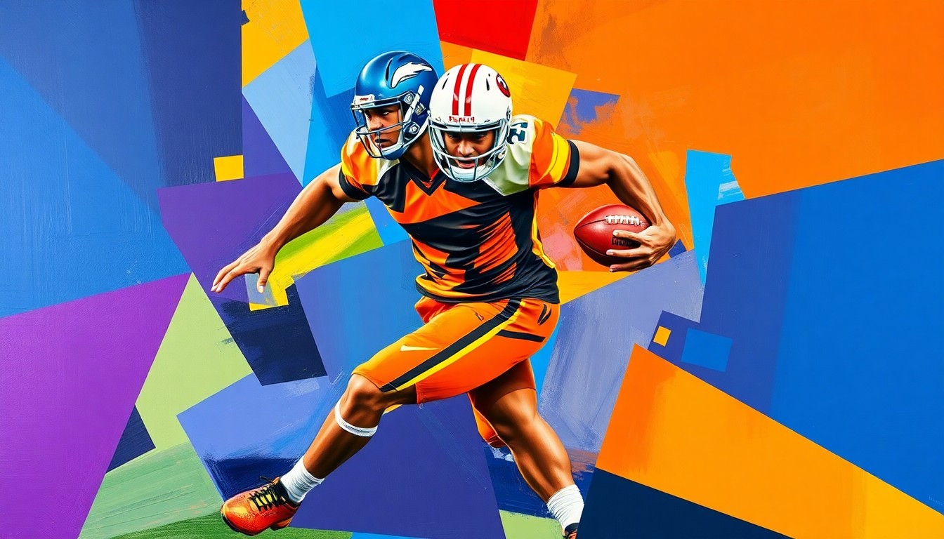 A fragmented, geometric painting depicting a football player in motion, with sharp planes of color and overlapping perspectives, conveying the dynamic energy of the sport.