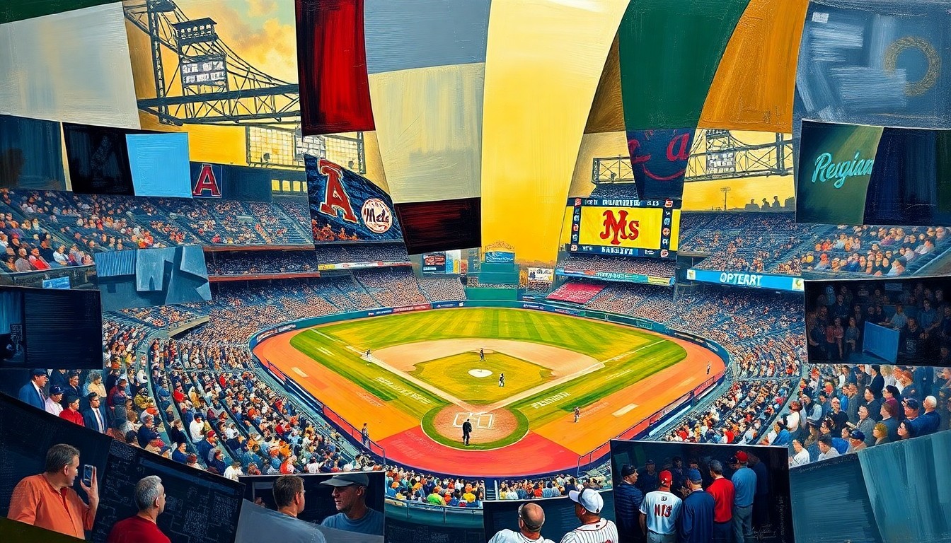 A cubist, geometric illustration depicting a baseball game between the Arizona Diamondbacks and New York Mets, with the players and field broken down into sharp, overlapping shapes and planes of color.