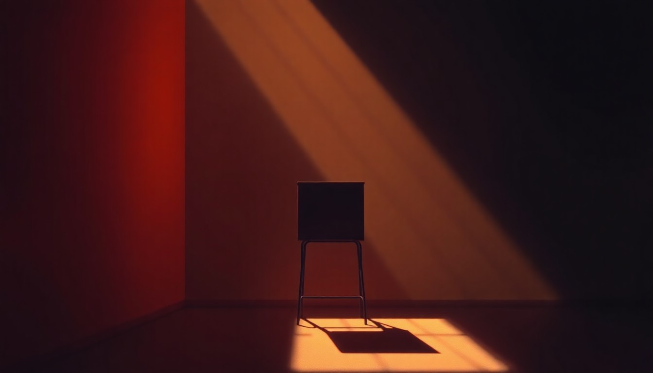 A realistic oil painting depicting a lone ballot box or voting booth in a dimly lit, urban setting, with warm sunlight streaming in through a window and casting deep shadows across the scene, conveying a sense of quiet contemplation and the importance of the electoral process.