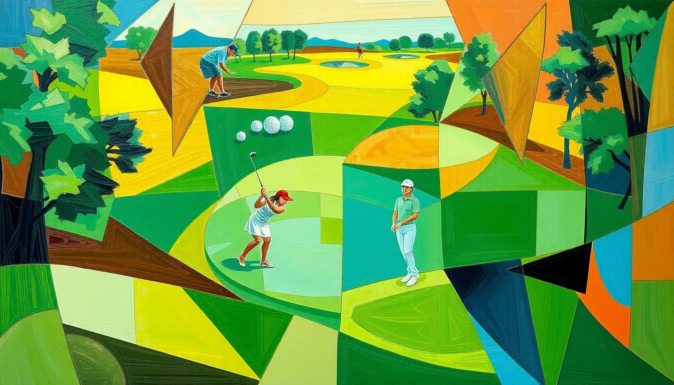 A cubist, geometric painting depicting the various elements of a girls golf match or tournament, with overlapping planes of green fairways, brown bunkers, and blue skies, conveying the dynamic and competitive nature of the sport.