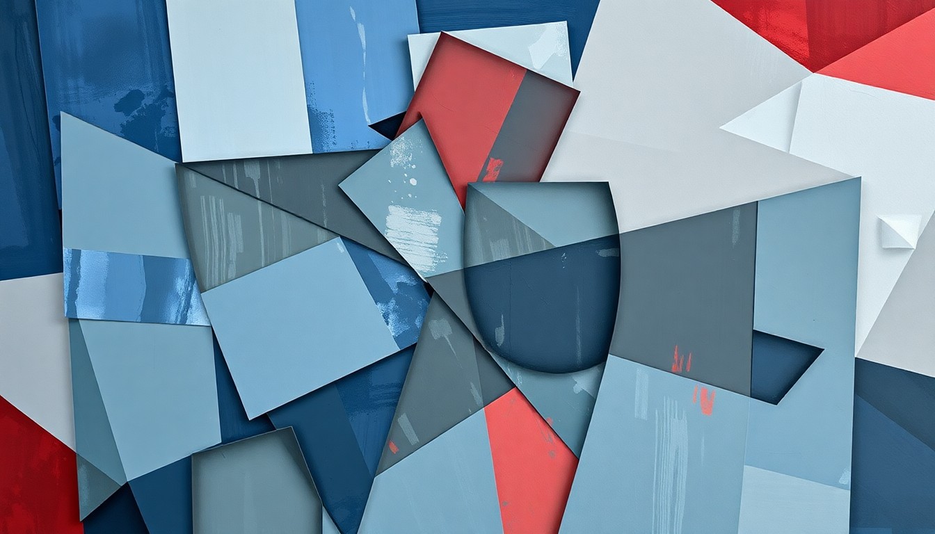 A fragmented, abstract painting of a ballot box or other voting-related object, rendered in overlapping geometric shapes and waves of blue, grey, and red tones, conceptually representing the complex tensions between election security and voter disenfranchisement.