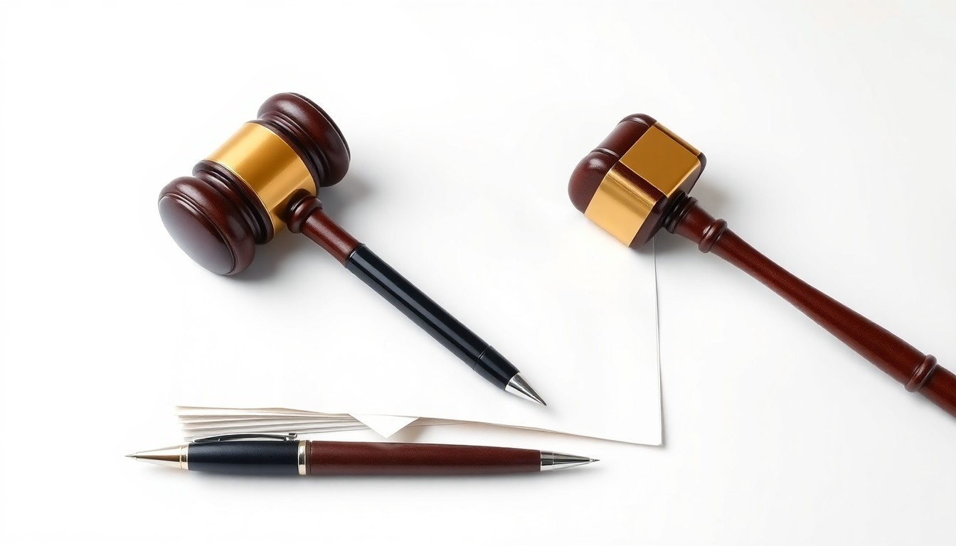 A high-end, photorealistic studio still-life photograph featuring a stack of legal documents, a pen, and a gavel arranged elegantly on a clean, white seamless background, conceptually representing the legal expertise and regulatory guidance that Jessica Graham will provide to America First Credit Union.