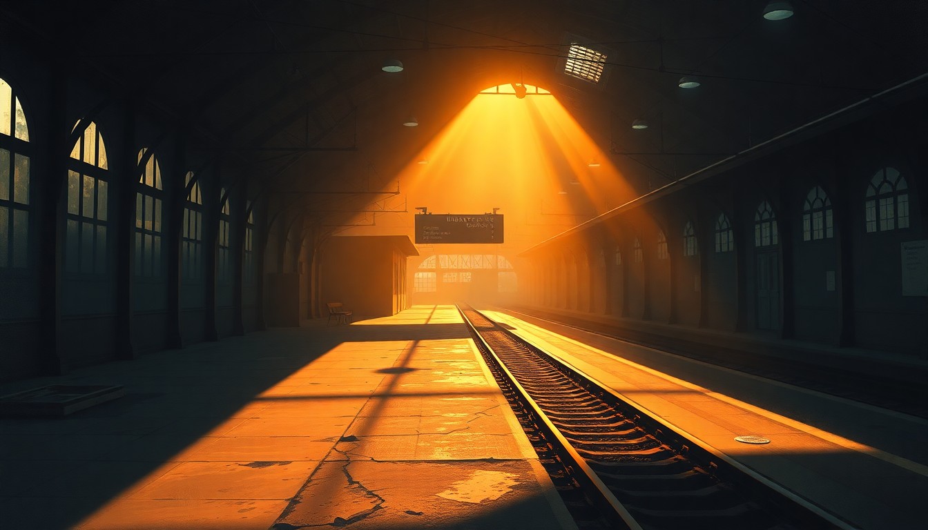 A serene, cinematic painting depicting an empty, rundown train station platform with warm sunlight casting long shadows, conceptually representing the complex future of the Sunnyside Yard rail yard.