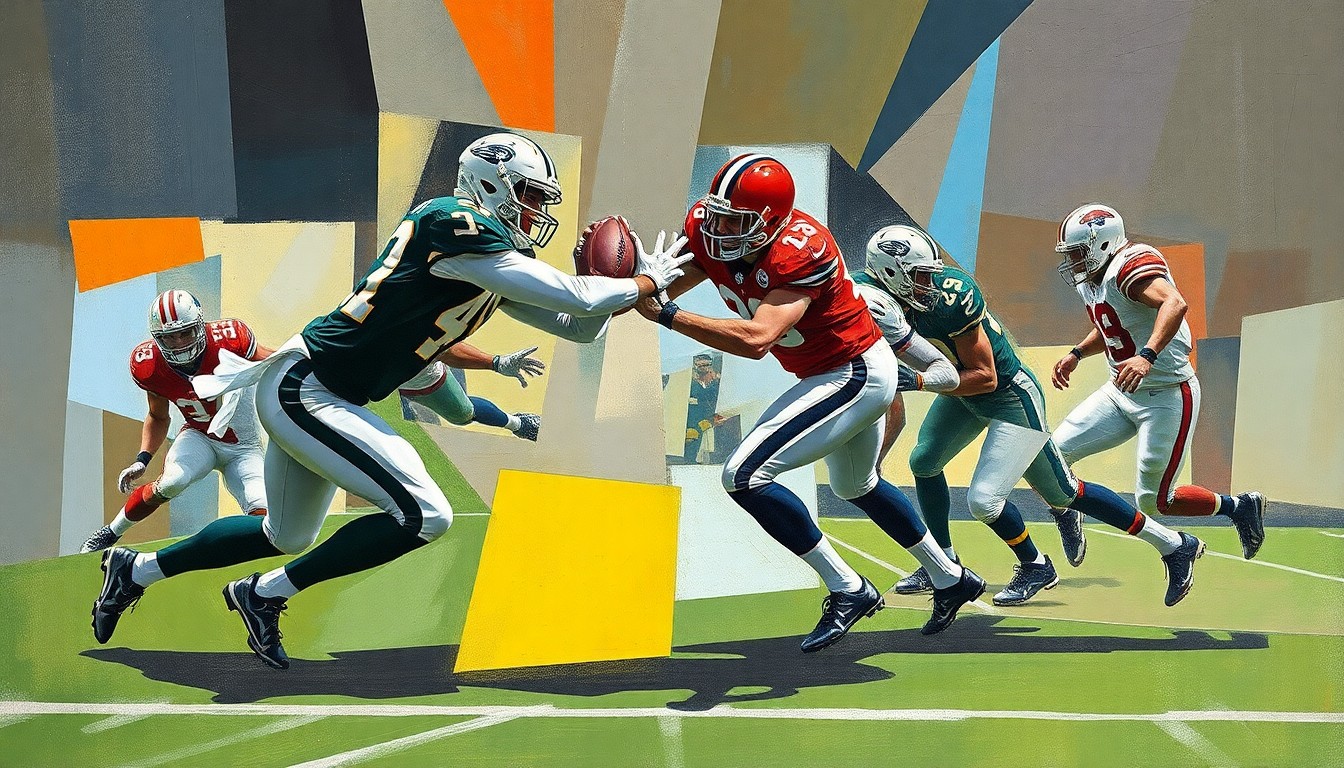 A fragmented, geometric painting depicting a safety making a play, with sharp planes of color and form capturing the dynamic motion and intensity of the position.