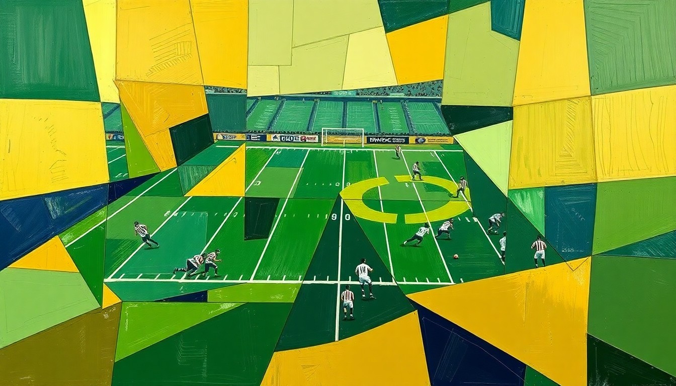A cubist, geometric painting depicting a fragmented football game or competition, with sharp planes of green, gold, and navy blue overlapping to create a dynamic, abstract composition.