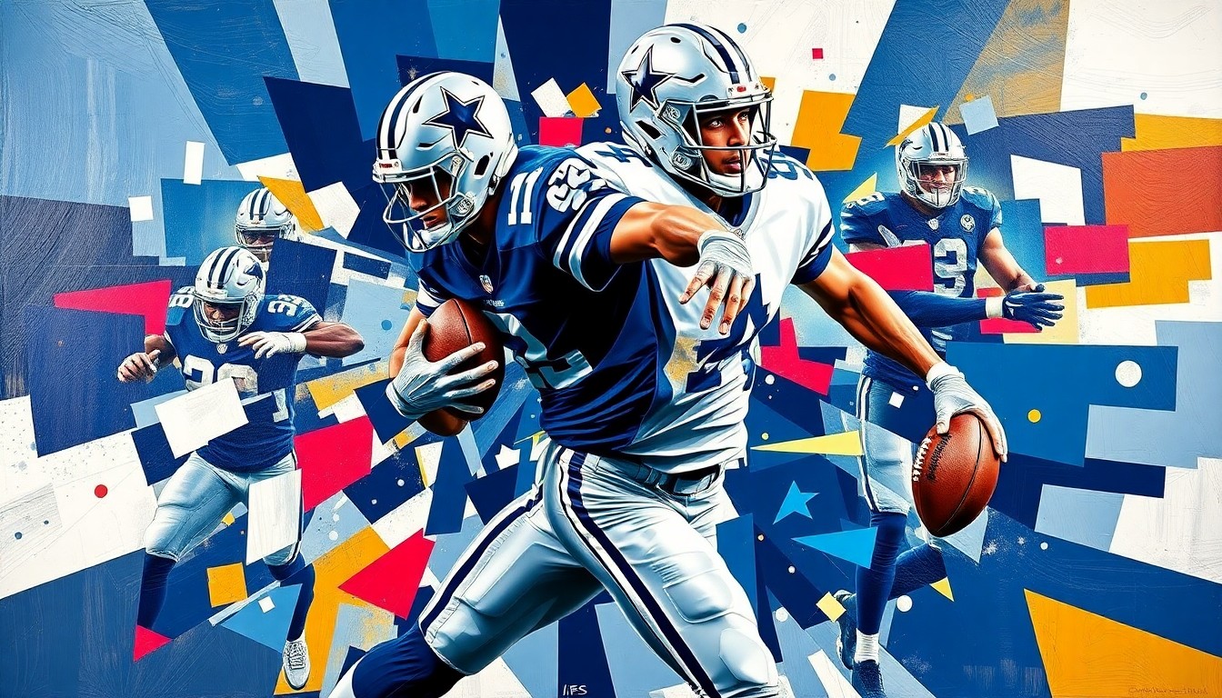 A cubist, geometric illustration depicting the fragmented movements and actions of a football player, rendered in the official colors of the Dallas Cowboys.