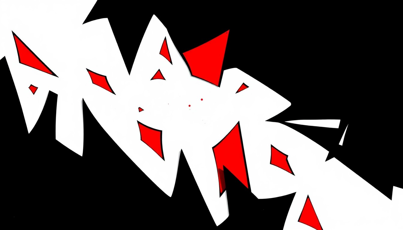 An abstract, minimalist illustration featuring sharp, angular shapes in bold red, black, and white, conceptually representing the high-energy, genre-blending music of the MarchFourth marching band.