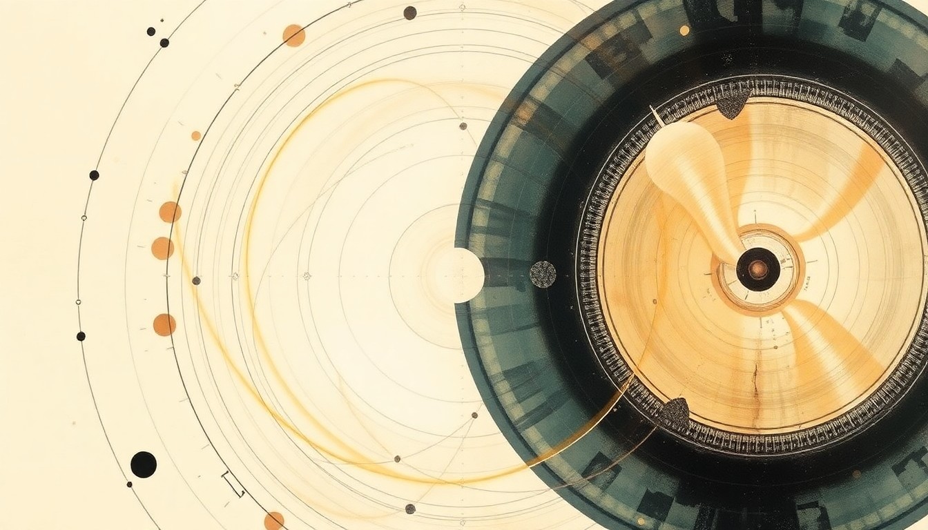 A bold, abstract painting featuring sweeping geometric arcs, concentric circles, and precise spirals in muted tones, conceptually representing the complex scientific forces and processes underlying AI-driven drug discovery.