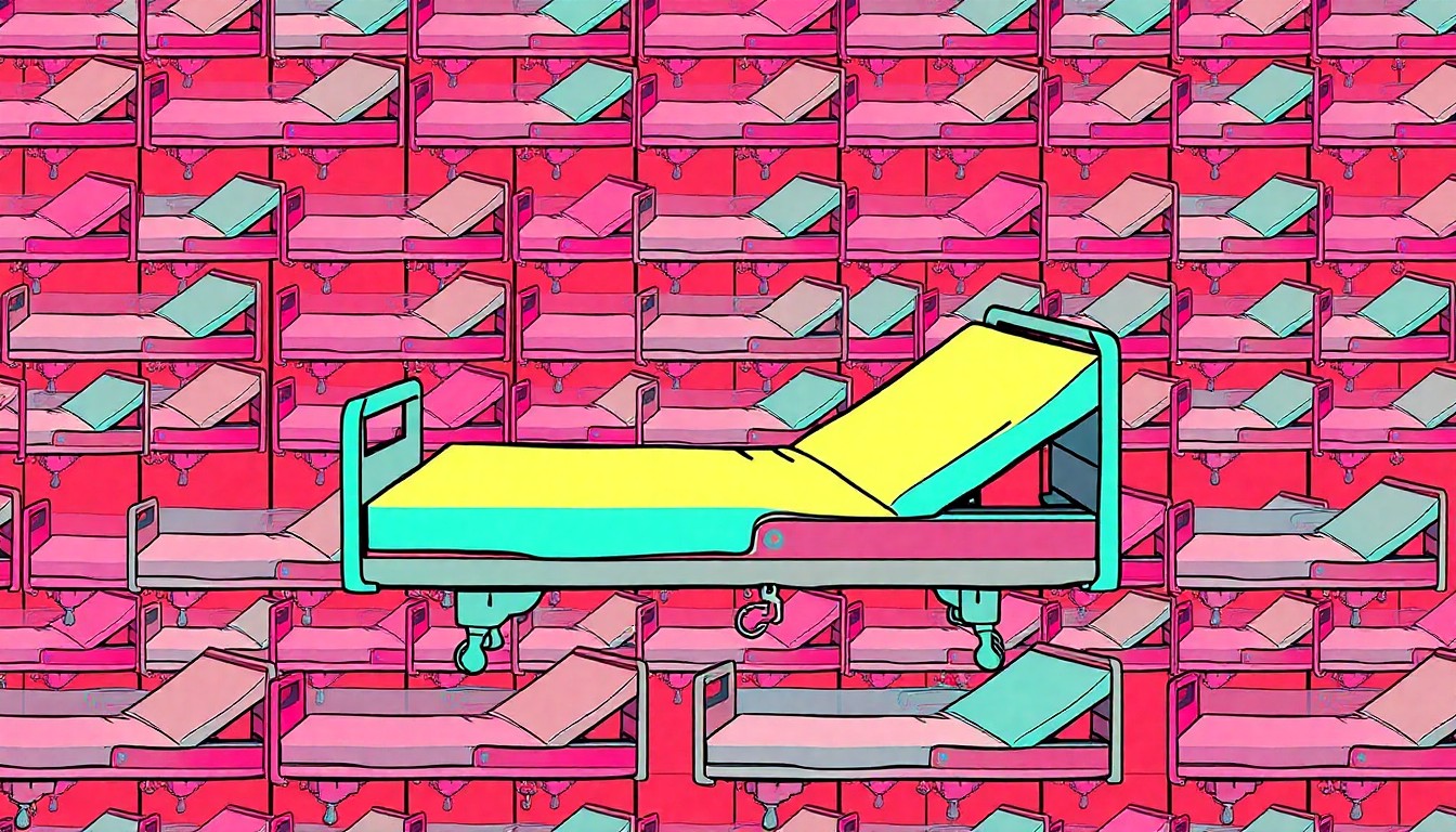 A brightly colored, high-contrast silkscreen print of a hospital bed repeated in a tight grid pattern, conceptually representing the donation of medical equipment to support nursing education.