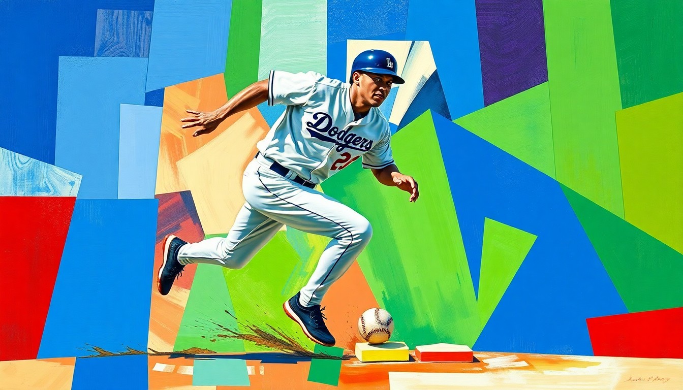 A cubist, geometric painting depicting a baseball player sliding into a base, with sharp, overlapping planes of color representing the dynamic motion of the play.