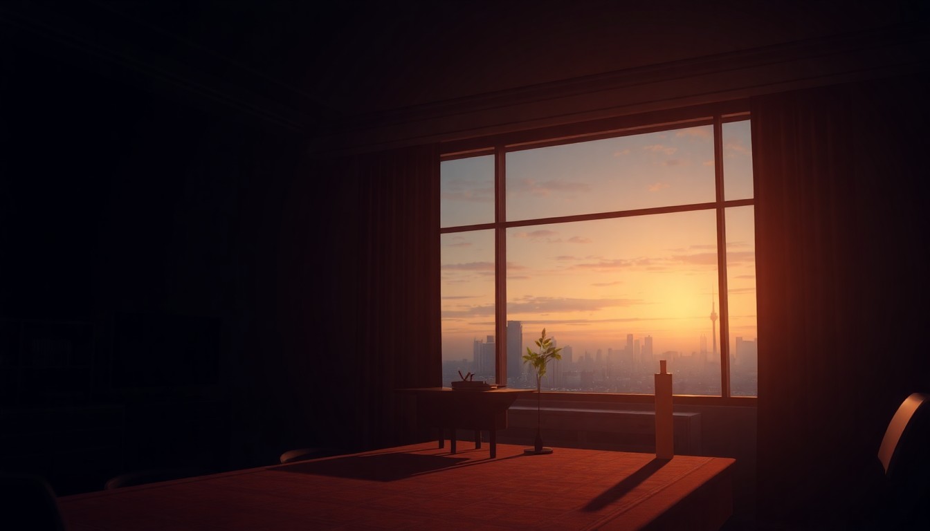 A dimly lit, cinematic government office interior with a large window overlooking a city skyline at dusk, the space bathed in warm, diagonal sunlight and deep shadows, conveying a sense of quiet contemplation and diplomatic tension.