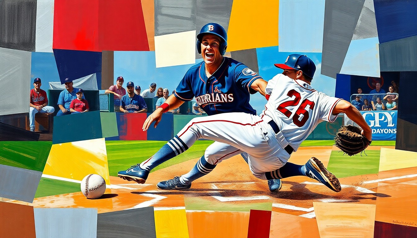 A cubist, geometric painting depicting a baseball player sliding into a base, with the player's body and the base broken down into sharp, overlapping planes of navy blue, red, and white, capturing the dynamic motion and energy of the play.