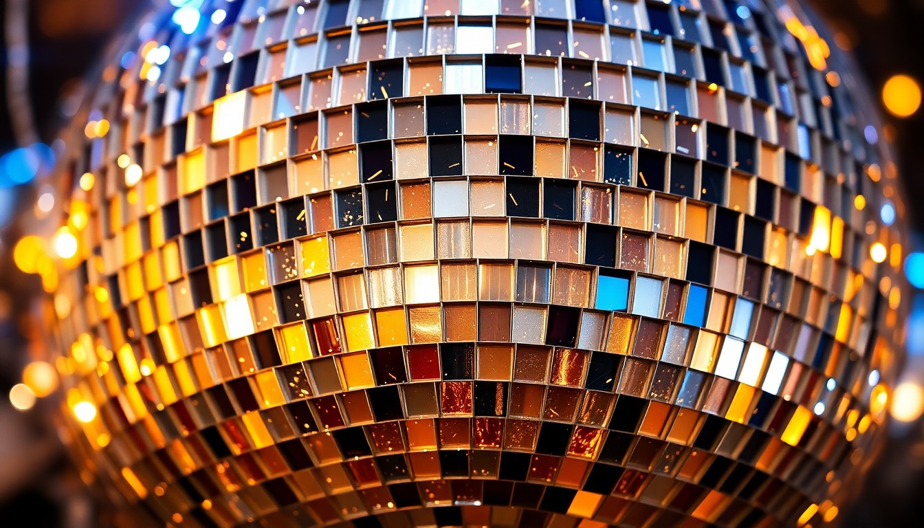 An extreme close-up photograph of a shimmering, faceted disco ball texture in a dramatic, high-contrast studio lighting setup, conceptually representing the glamour and energy of a new entertainment venue.
