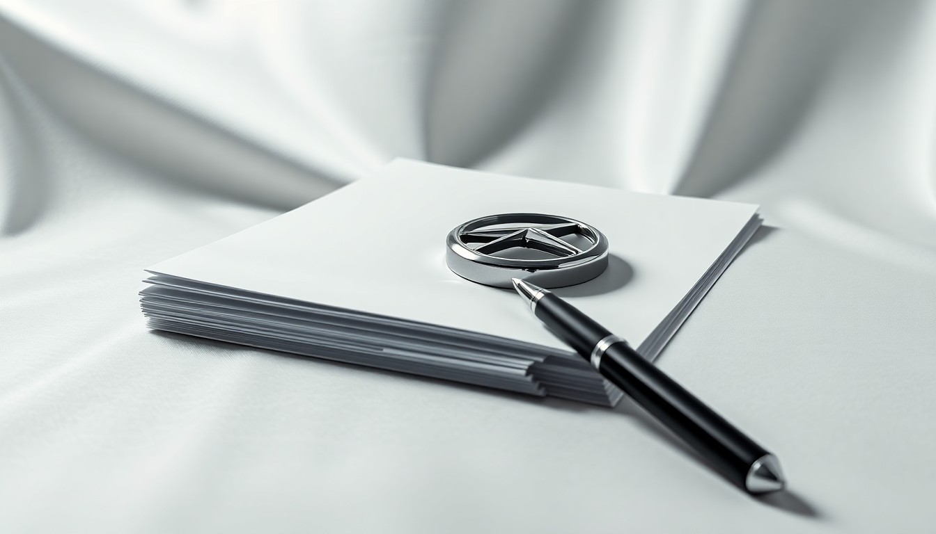 A photorealistic studio still life featuring a polished metal car emblem, a stack of legal documents, and a pen on a clean, monochromatic background, symbolizing the corporate legal risks facing the automotive industry.