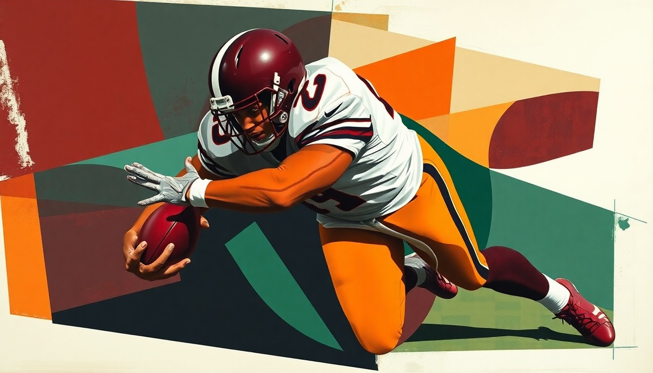 A fragmented, geometric painting depicting a defensive lineman making a tackle, with sharp planes of color and overlapping perspectives conveying the physicality of the sport.