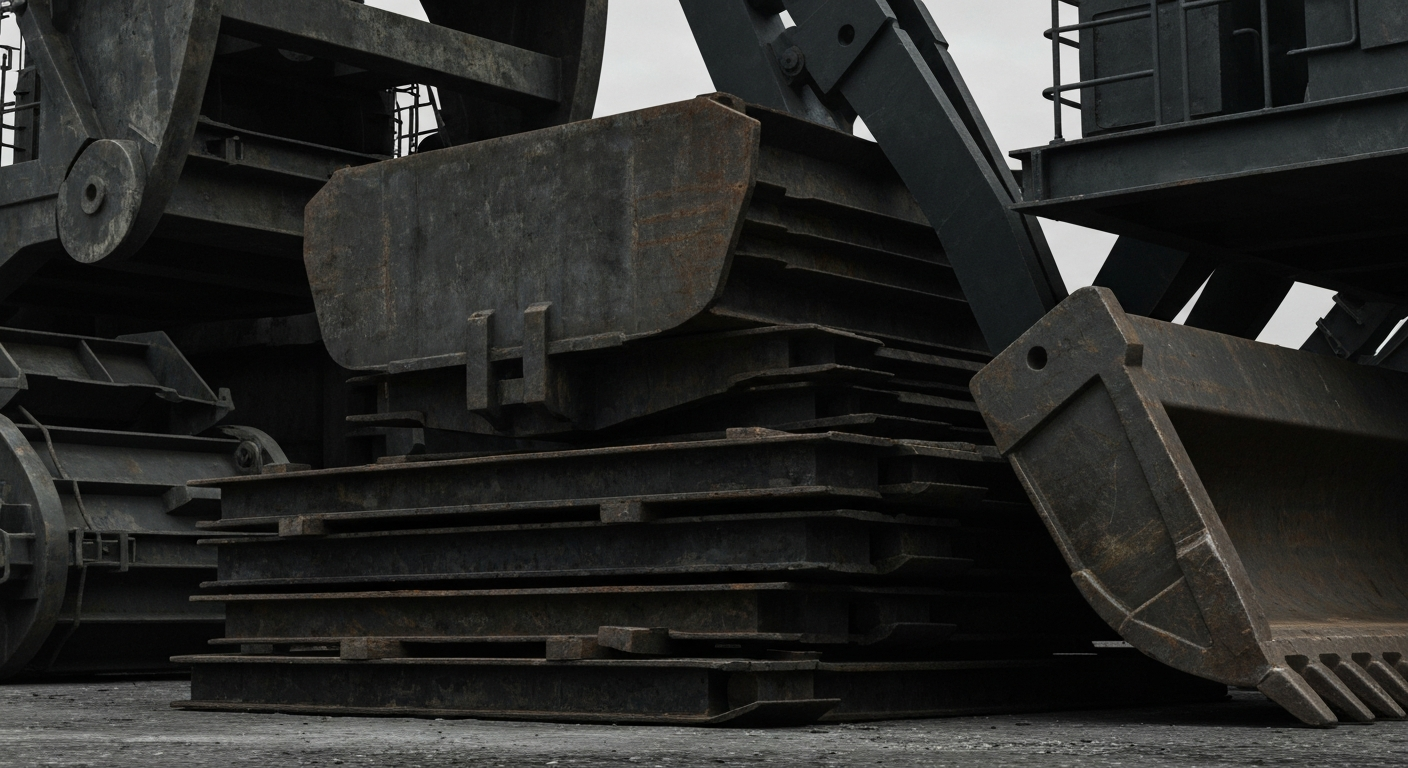 An extreme close-up of rugged, industrial construction equipment and materials in a muted, textured palette, conceptually representing the financial underpinnings of the building industry.