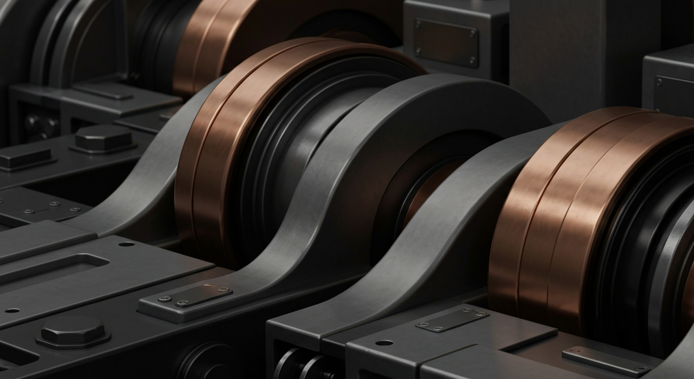 An extreme close-up of industrial gears, levers, and mechanical components in a muted color palette, conveying the complex financial forces shaping the construction sector.