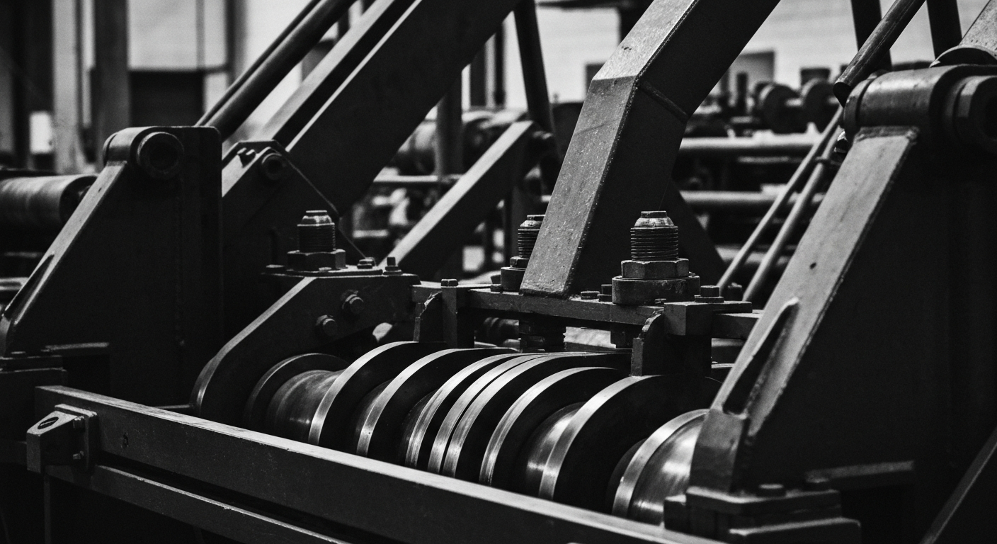 A high-contrast, black-and-white close-up image of the heavy industrial equipment and machinery used in the manufacturing of flooring products, conveying a sense of the scale, power, and precision involved in modern flooring production.
