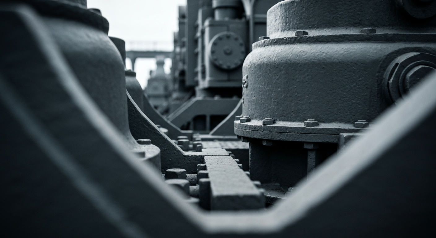 An extreme close-up of various pool equipment and machinery, including filters, pumps, and valves, conveying the industrial nature of the pool supply business.