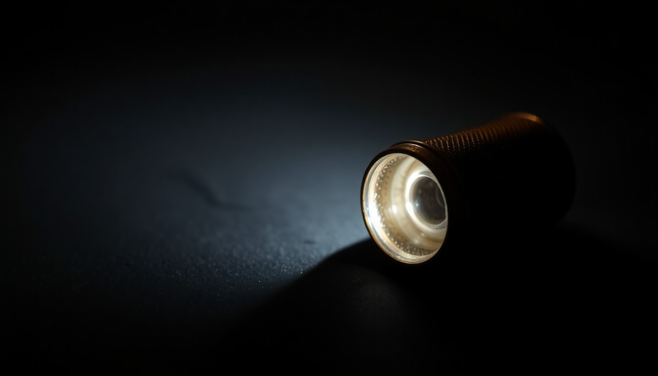 An extreme close-up of a shiny brass shell casing on a dark surface, the harsh flash creating dramatic shadows and highlights that convey a sense of investigation and gritty realism.