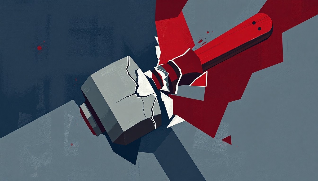 A fragmented, abstract painting depicting a cracked gavel in shades of gray, navy, and deep red, conveying a sense of political division and fragmentation around climate policy.