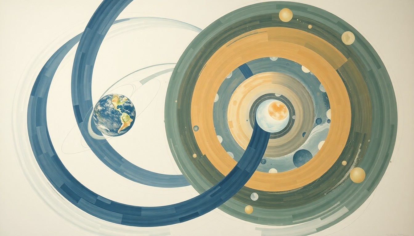 A bold, abstract painting in soft earth tones featuring sweeping geometric arcs, concentric circles, and precise spirals, conceptually representing the complex scientific phenomena observed by the Artemis II crew during their historic lunar flyby.