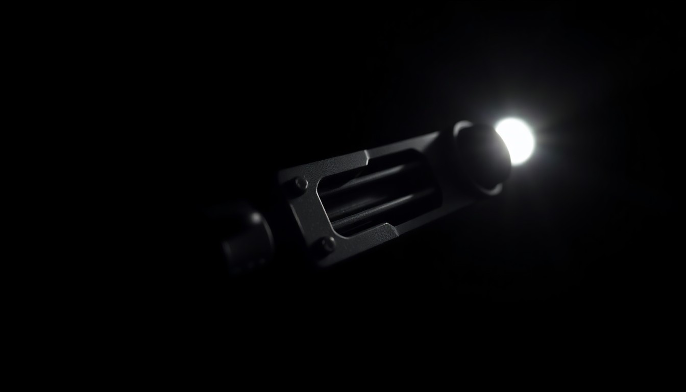 An extreme close-up of a metal breaching tool with a sharp, serrated edge, photographed against a completely black background using harsh, direct flash lighting to create a stark, gritty aesthetic.