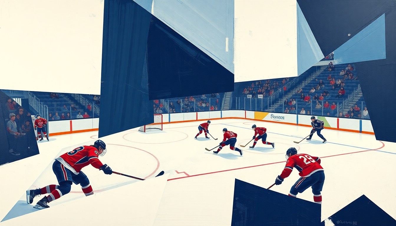 A cubist, geometric painting depicting the fractured, overlapping action of a women's hockey game, with sharp planes of navy, crimson, and white conveying the team's determination to overcome adversity.