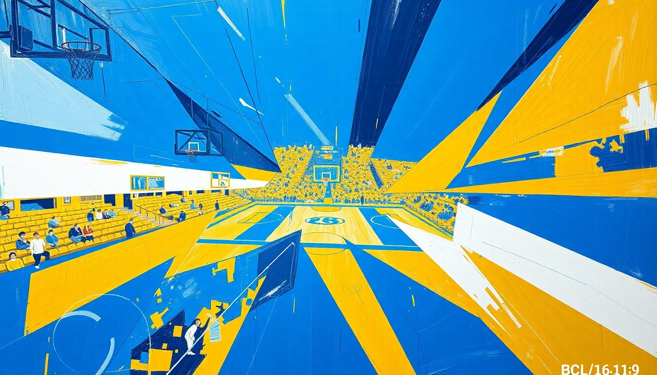 A cubist, geometric painting depicting the action of a basketball game, with overlapping planes of blue, gold, and white shapes representing the players, court, and crowd.