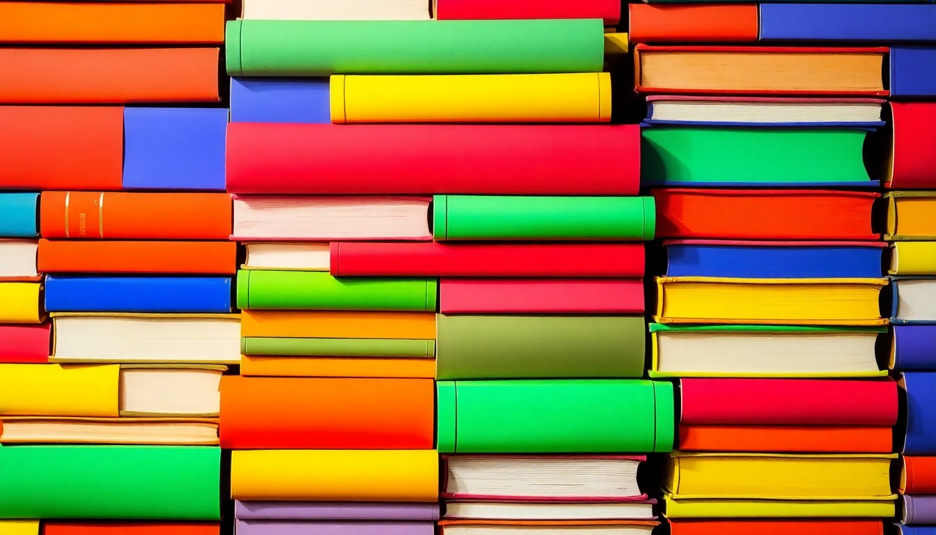A brightly colored, high-contrast silkscreen print of a stack of colorful books in a tight grid pattern, representing the diverse array of literary works and authors featured at the annual Festival of Books in Winnsboro, Texas.