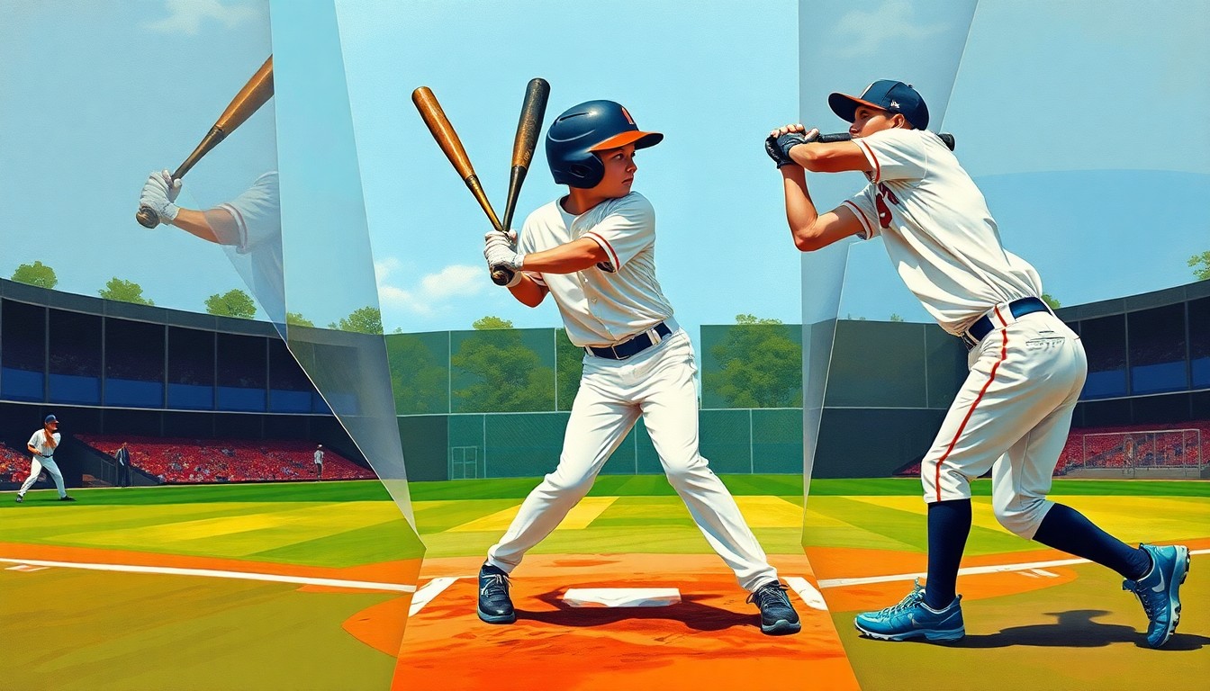 A fractured, multi-perspective painting depicting the overlapping geometric planes of a baseball player's batting stance, swing, and fielding motion, with vibrant colors representing the team's uniforms and the baseball diamond backdrop.