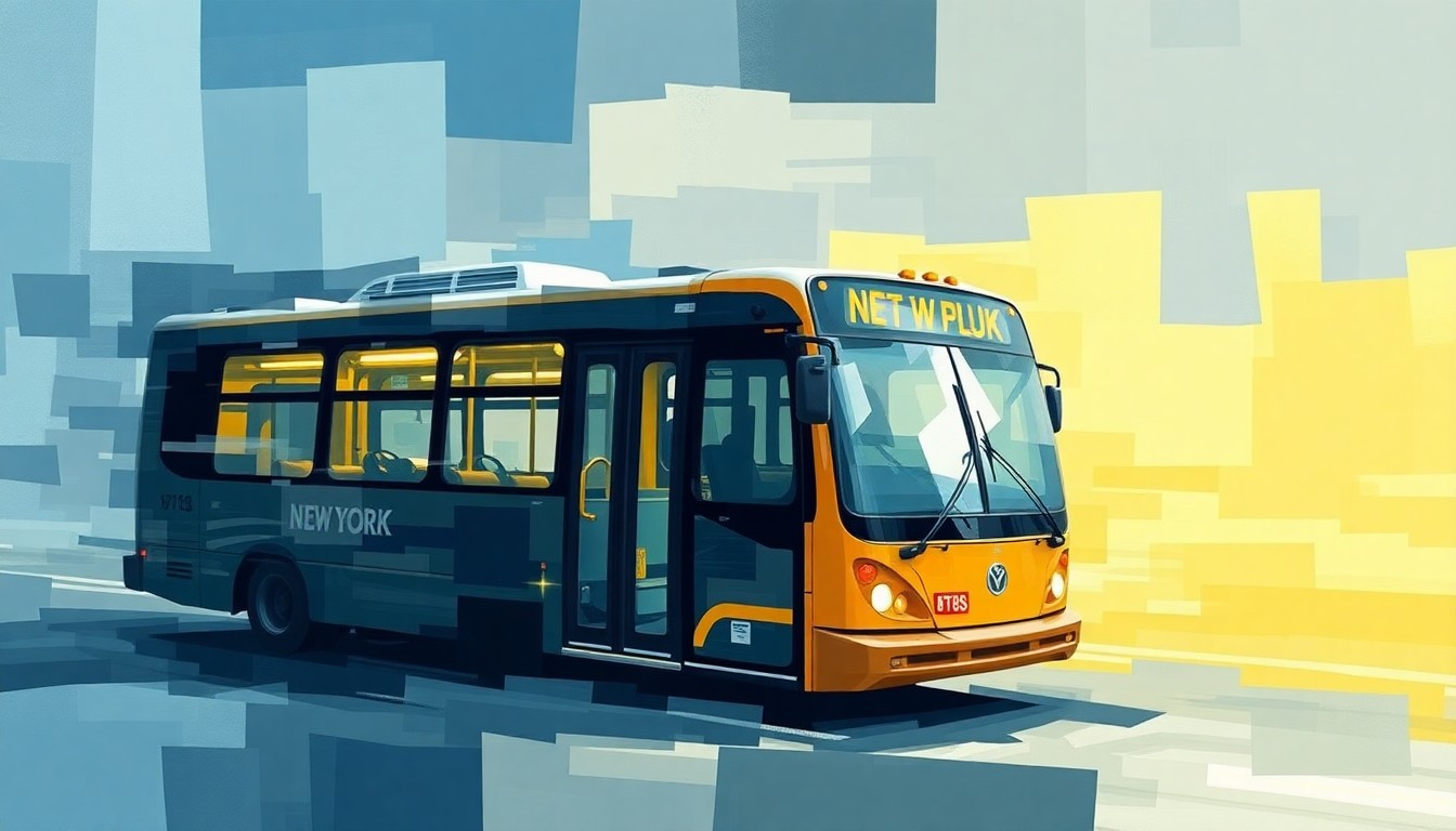 A dynamic, fragmented painting depicting a New York City bus in motion, with overlapping geometric shapes and brushstrokes in shades of blue, gray, and yellow, conveying a sense of movement and the challenges of implementing the mayor's free bus proposal.