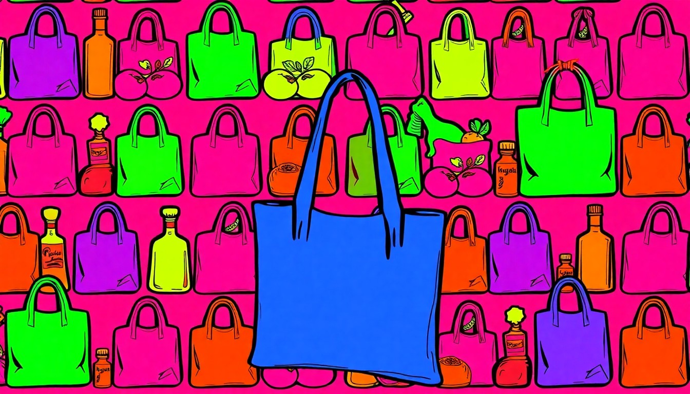 A brightly colored, high-contrast silkscreen print of a reusable grocery bag repeated in a tight grid pattern, conceptually representing the iconic products and community-driven values of the Rainbow Grocery Cooperative.