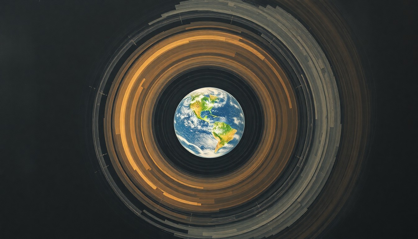 An abstract, geometric painting in soft, earthy tones depicting the Earth floating in the vast, dark expanse of space, conveying the fragility and isolation of our planet.