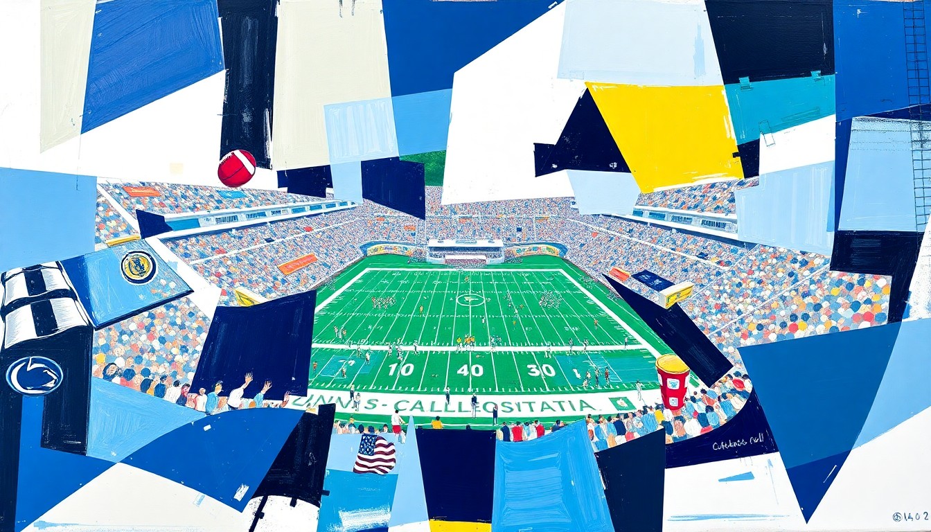 A cubist, geometric painting depicting a fragmented college football game, with sharp, overlapping planes of color representing the energy and anticipation of the upcoming season.