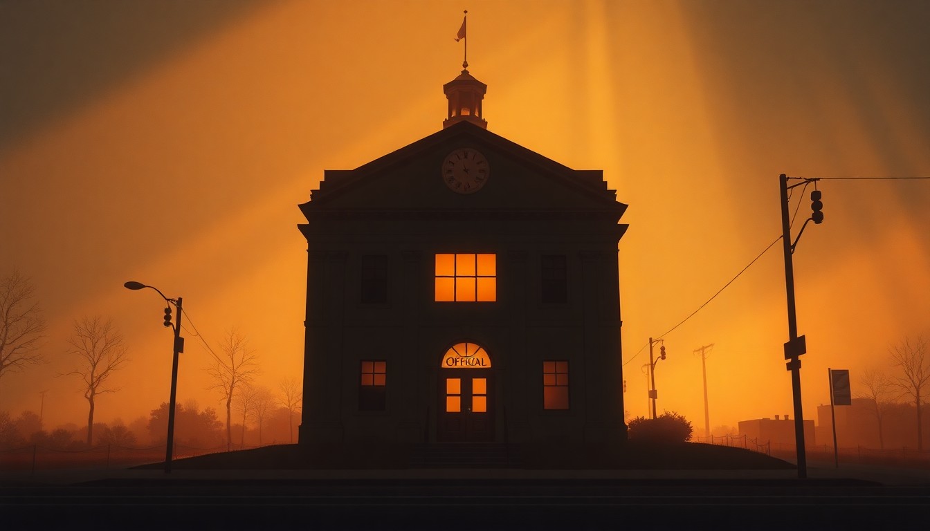 A serene, realistic painting of a municipal building in soft, golden light, conveying a sense of civic pride and quiet determination.