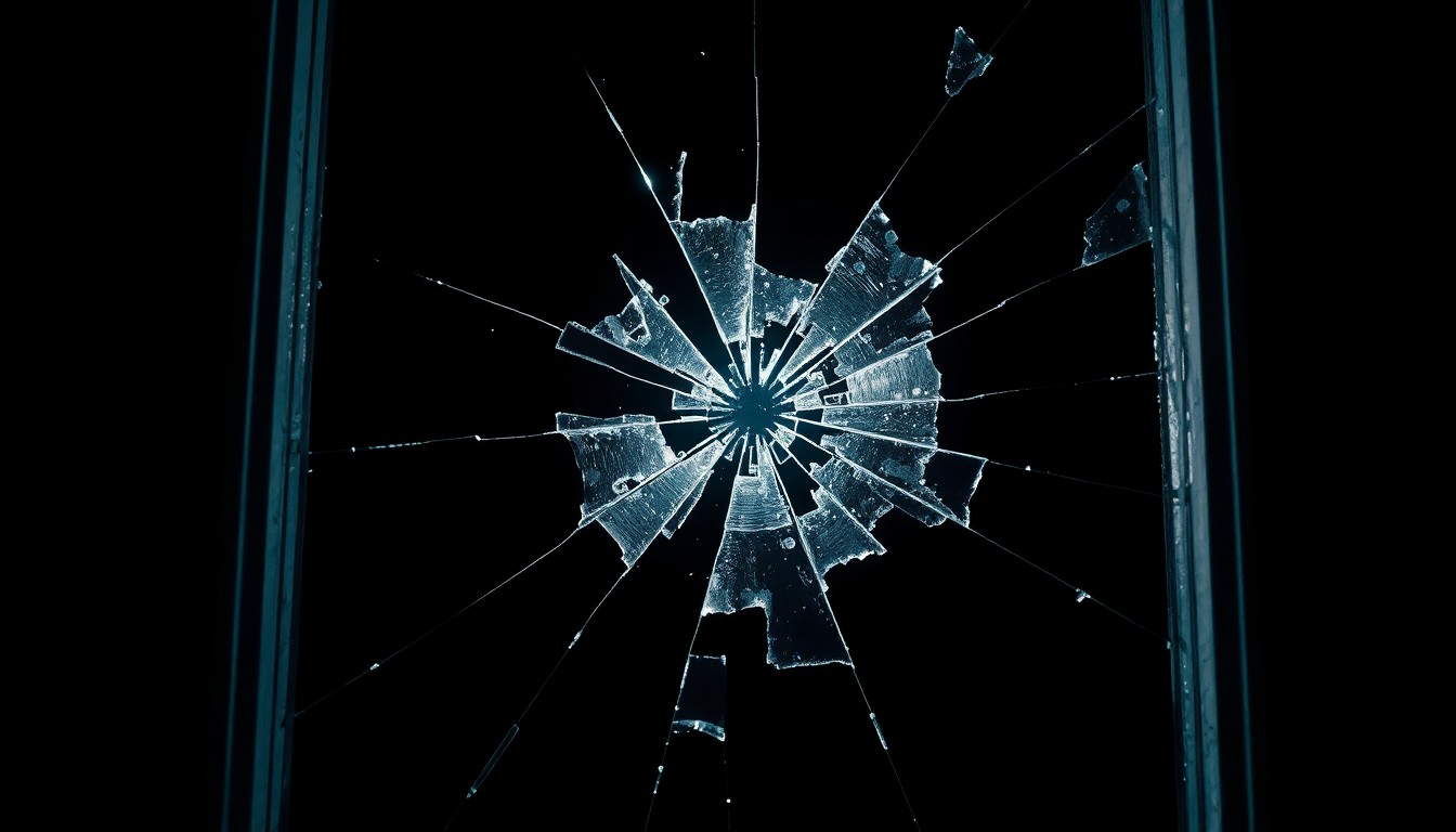 An extreme close-up photograph of a shattered glass door frame, capturing the harsh, gritty aftermath of a burglary at a local business.
