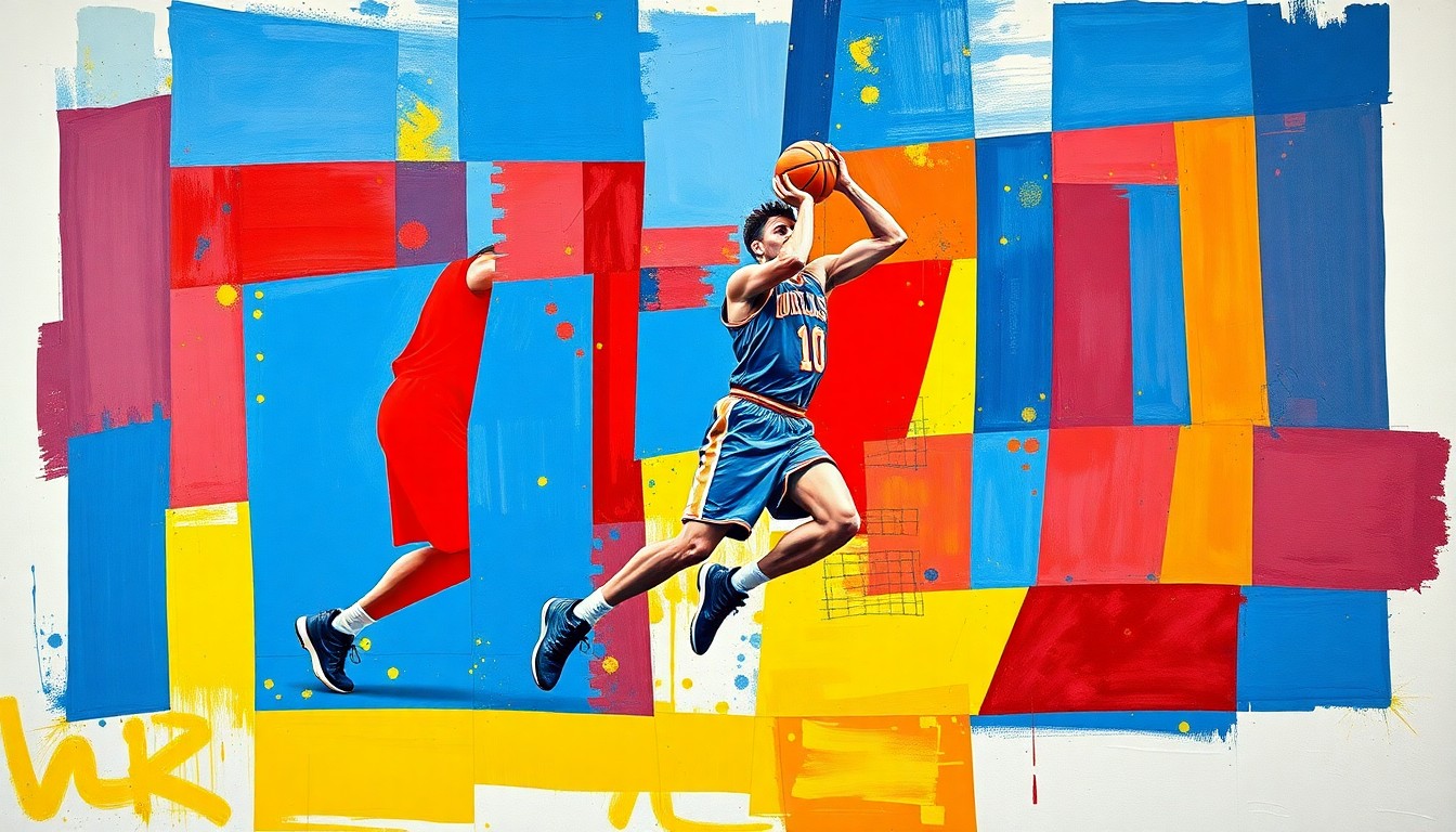 A fragmented, geometric painting depicting a basketball player's movements broken down into sharp, overlapping planes of color, conveying the dynamic energy and strategic depth of the game.