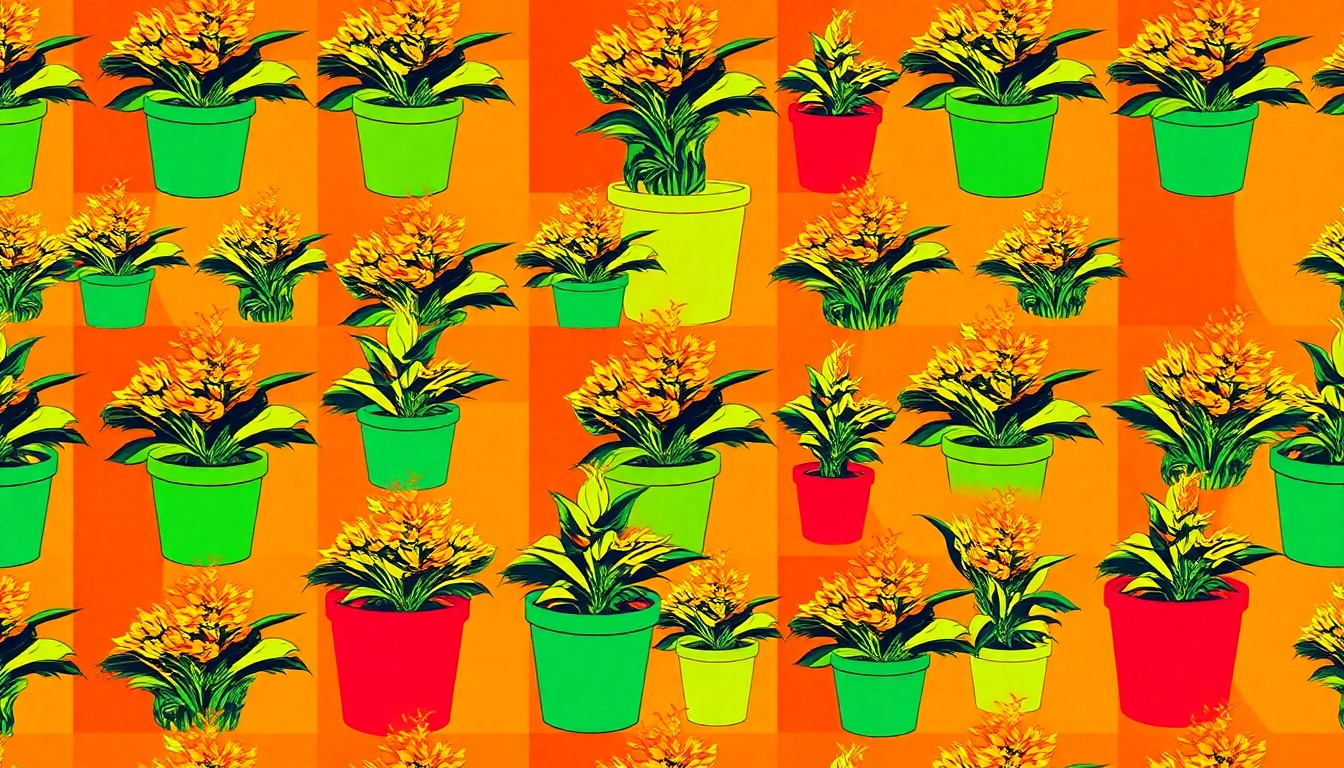 A boldly colored silkscreen-style grid of a single potted plant or flower, rendered in a high-contrast, pop art aesthetic that transforms an everyday garden item into a modern conceptual artwork.