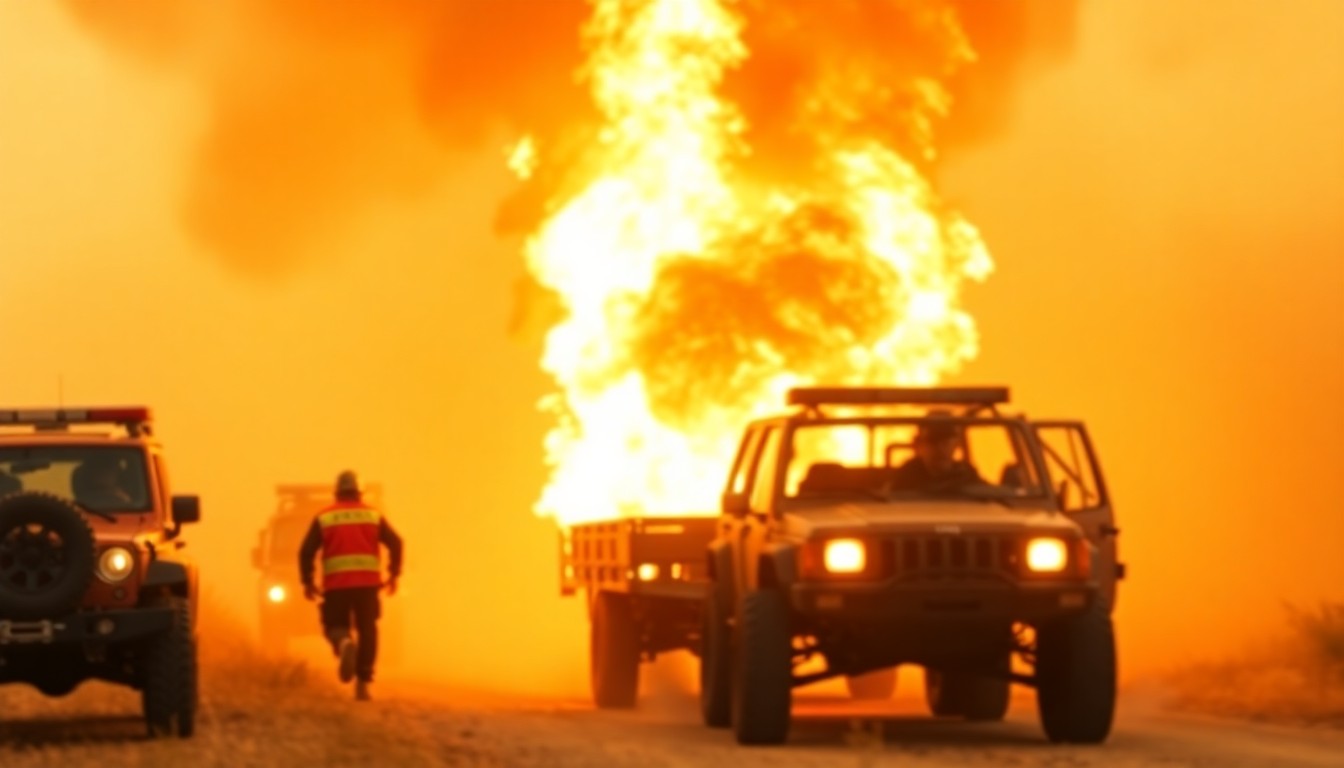 An abstracted, out-of-focus photograph in soft, warm tones depicting the chaotic scene of an off-road vehicle on fire, with the silhouettes of emergency personnel rushing to provide aid, conveying the urgency and emotion of the incident.