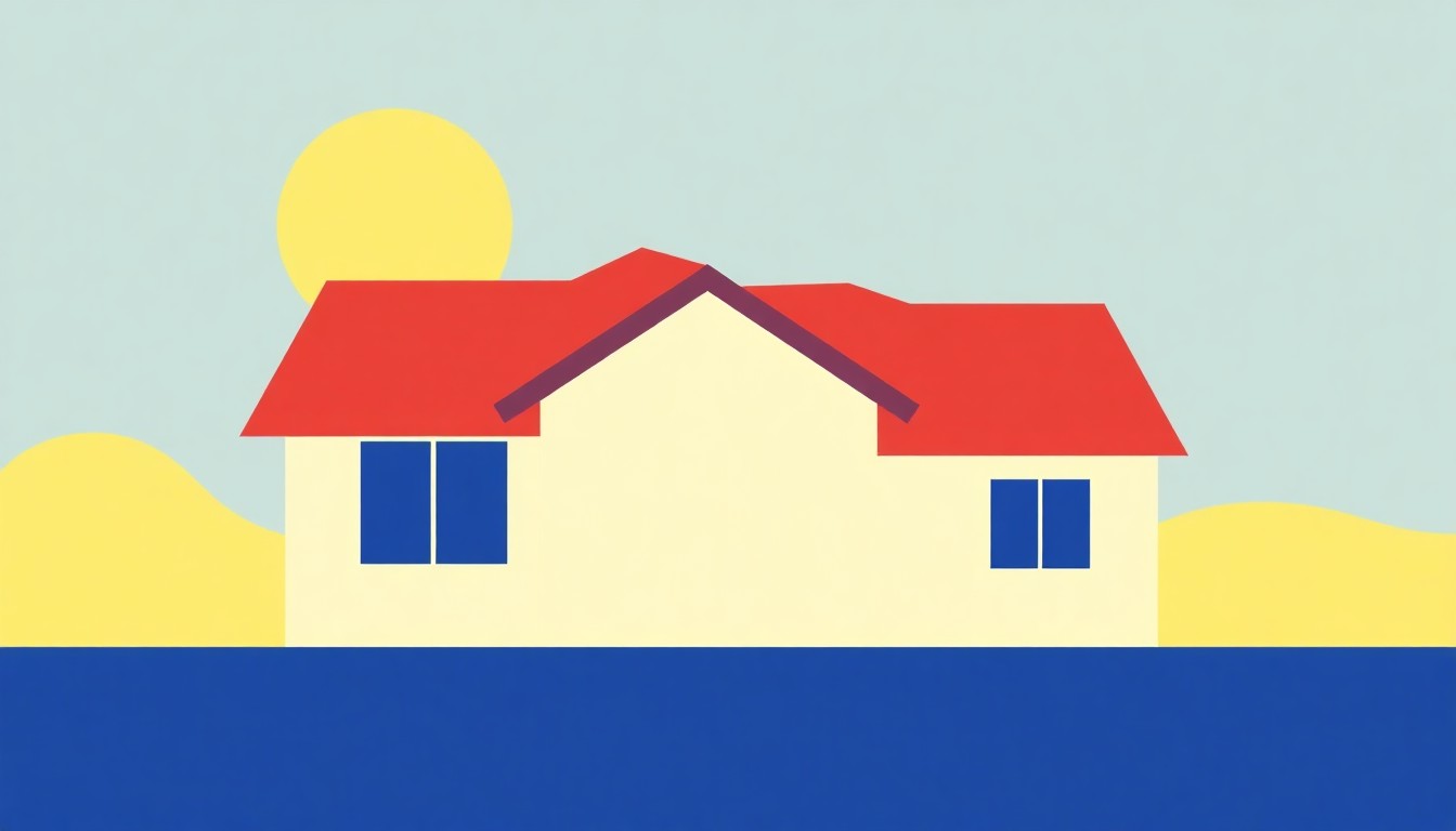An abstract illustration composed of overlapping triangles and rectangles in shades of blue, red, and yellow, conceptually representing the economic factors and solutions around homeowners insurance costs in Colorado.